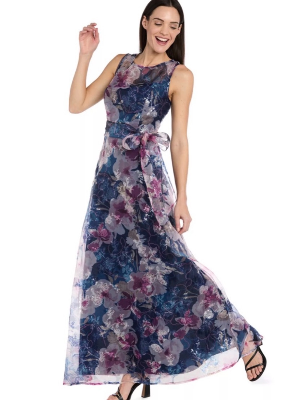 R & M Richards Navy Floral Chiffon Maxi Dress with Purple & Pink Accents - Picture 3 of 8